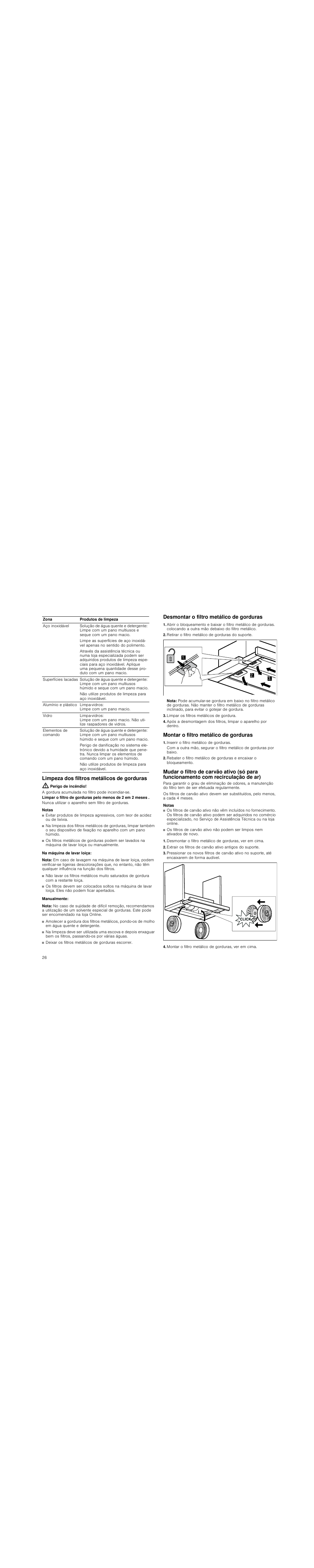 Limpeza dos filtros metálicos de gorduras, Perigo de incêndio, Notas | Na máquina de lavar loiça, Nota, Manualmente, Desmontar o filtro metálico de gorduras, Retirar o filtro metálico de gorduras do suporte, Limpar os filtros metálicos de gordura, Montar o filtro metálico de gorduras | Siemens LI18030 User Manual | Page 26 / 28