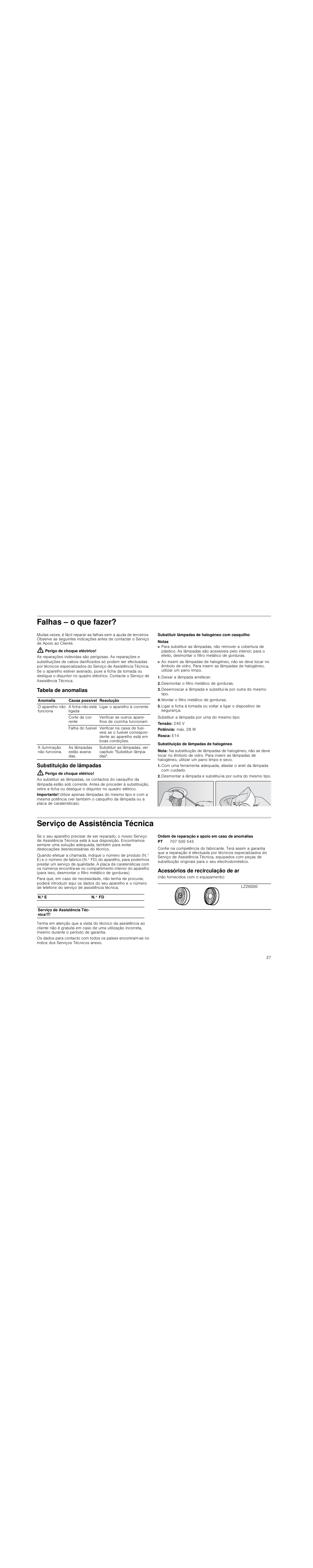 Falhas – o que fazer, Perigo de choque eléctrico, Tabela de anomalias | Substituição de lâmpadas, Perigo de choque elétrico, Substituir lâmpadas de halogéneo com casquilho, Notas, Deixar a lâmpada arrefecer, Desmontar o filtro metálico de gorduras, Montar o filtro metálico de gorduras | Siemens LI18030 User Manual | Page 27 / 28
