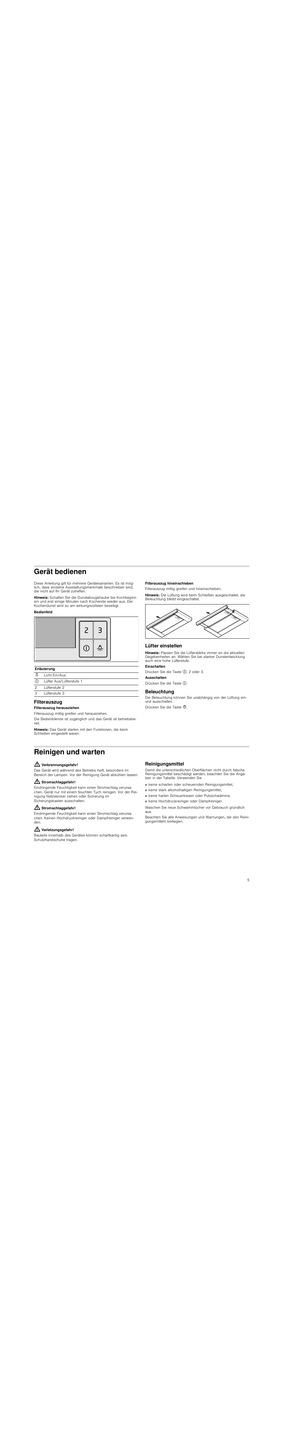 Gerät bedienen, Hinweis, Bedienfeld | Filterauszug, Lüfter einstellen, Beleuchtung, Reinigen und warten, Verbrennungsgefahr, Stromschlaggefahr, Verletzungsgefahr | Siemens LI18030 User Manual | Page 5 / 28