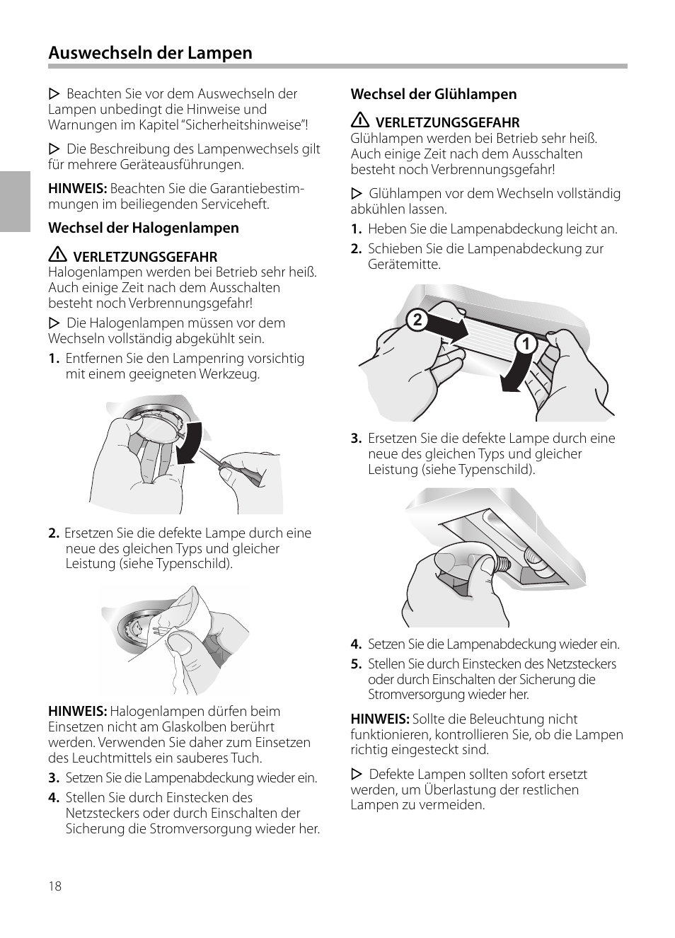 Auswechseln der lampen | Siemens LC258BA90 User Manual | Page 18 / 156