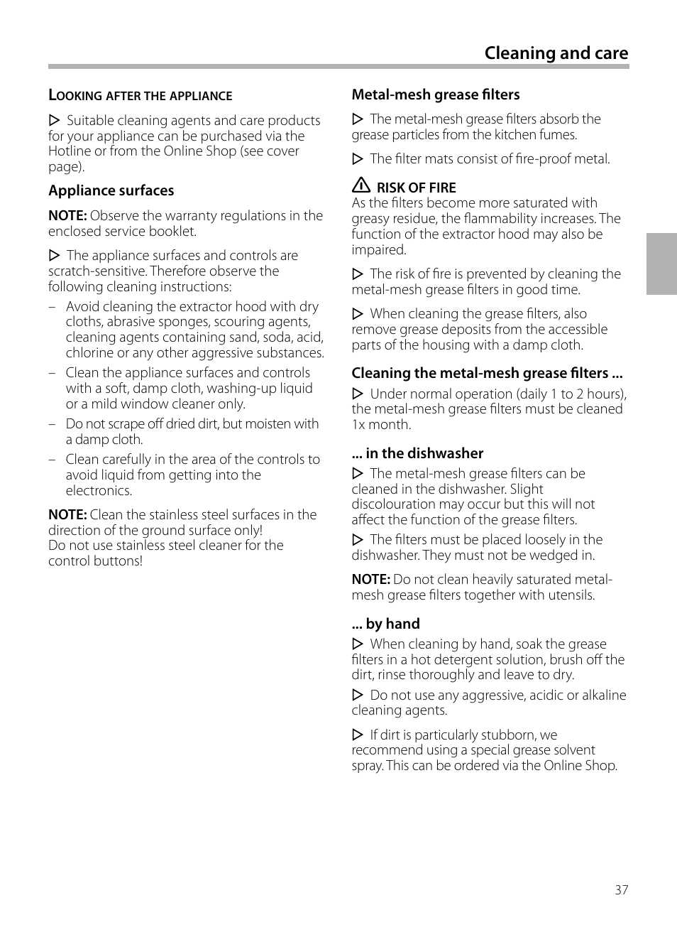 Cleaning and care | Siemens LC258BA90 User Manual | Page 37 / 156