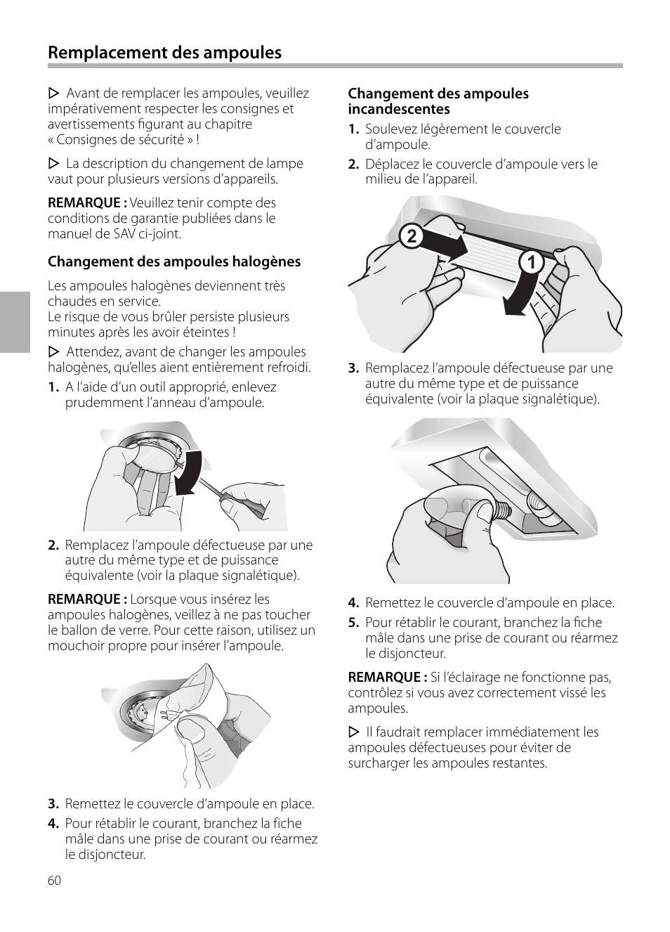 Remplacement des ampoules | Siemens LC258BA90 User Manual | Page 60 / 156
