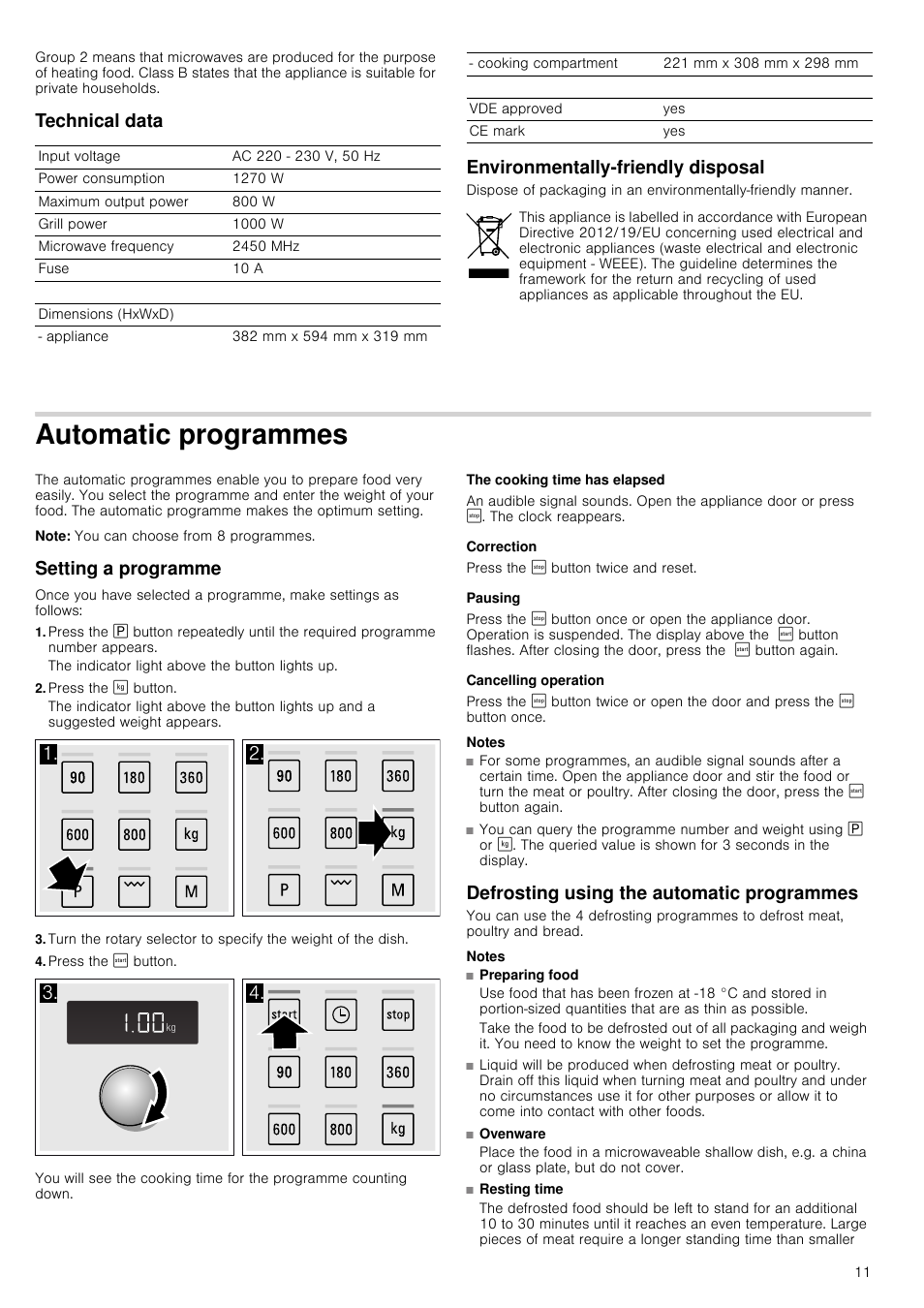 Technical data, Environmentally-friendly disposal, Automatic programmes | Note, Setting a programme, Press the ¼ button, Press the ¹ button, The cooking time has elapsed, Correction, Pausing | Siemens HF15G564 User Manual | Page 11 / 36