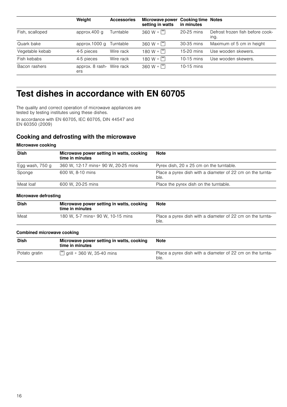 Test dishes in accordance with en 60705, Cooking and defrosting with the microwave, Microwave cooking | Microwave defrosting, Combined microwave cooking | Siemens HF15G564 User Manual | Page 16 / 36