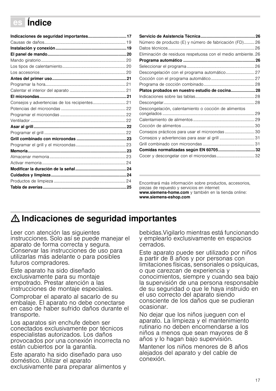 Û índice[es] instrucciones de uso, Indicaciones de seguridad importantes, Índice | Siemens HF15G564 User Manual | Page 17 / 36