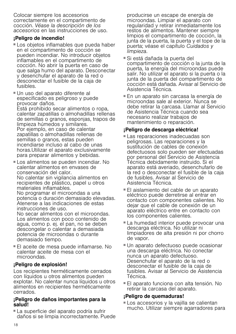 Peligro de incendio, Peligro de explosión, Peligro de daños importantes para la salud | Peligro de descarga eléctrica, Peligro de quemaduras | Siemens HF15G564 User Manual | Page 18 / 36