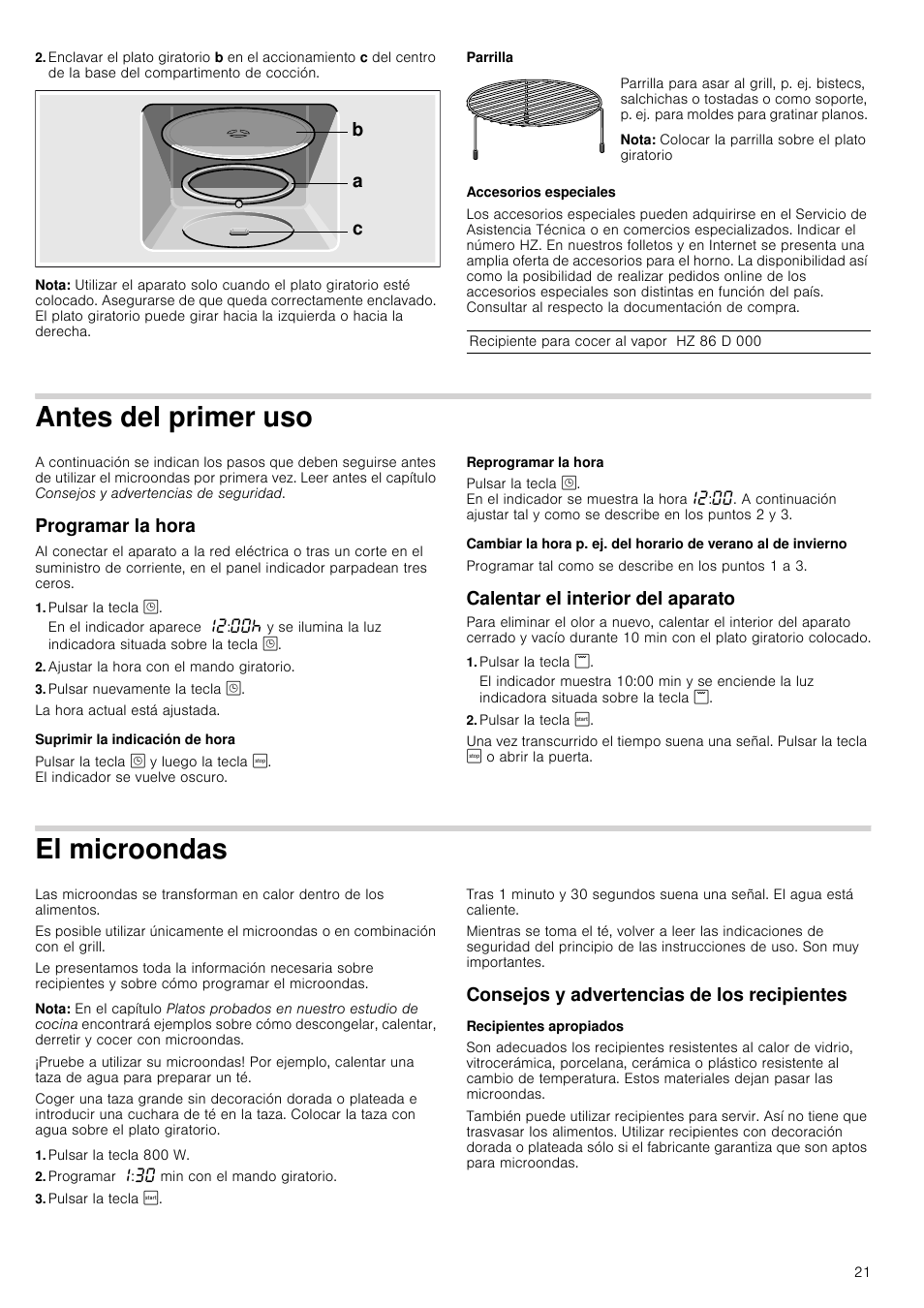 Nota, Parrilla, Accesorios especiales | Antes del primer uso, Programar la hora, Pulsar la tecla, Ajustar la hora con el mando giratorio, Pulsar nuevamente la tecla, Suprimir la indicación de hora, Reprogramar la hora | Siemens HF15G564 User Manual | Page 21 / 36