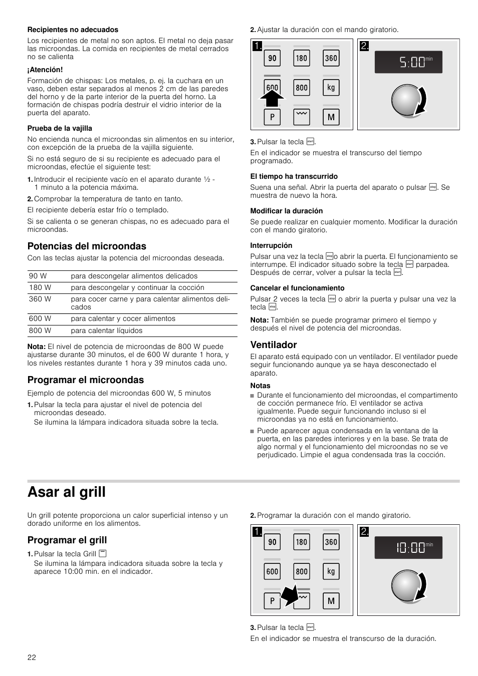 Recipientes no adecuados, Atención, Prueba de la vajilla | Comprobar la temperatura de tanto en tanto, Potencias del microondas, Nota, Programar el microondas, Ajustar la duración con el mando giratorio, Pulsar la tecla, El tiempo ha transcurrido | Siemens HF15G564 User Manual | Page 22 / 36