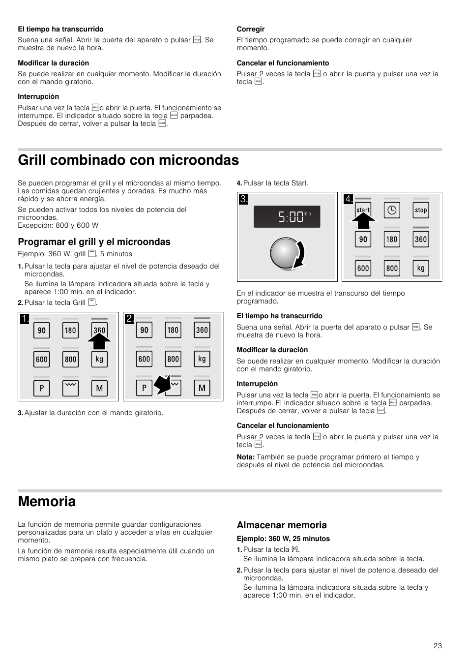 El tiempo ha transcurrido, Modificar la duración, Interrupción | Corregir, Cancelar el funcionamiento, Grill combinado con microondas, Programar el grill y el microondas, Pulsar la tecla grill, Ajustar la duración con el mando giratorio, Pulsar la tecla start | Siemens HF15G564 User Manual | Page 23 / 36