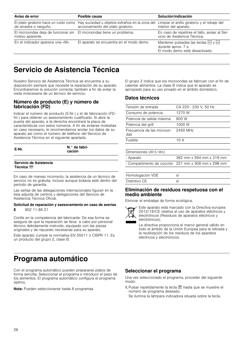 Servicio de asistencia técnica, Datos técnicos, Programa automático | Nota, Seleccionar el programa, Omático | Siemens HF15G564 User Manual | Page 26 / 36