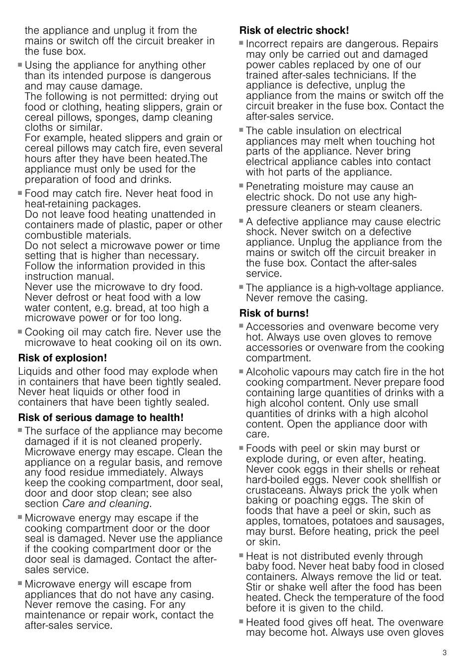 Risk of fire, Risk of explosion, Risk of serious damage to health | Risk of electric shock, Risk of burns | Siemens HF15G564 User Manual | Page 3 / 36