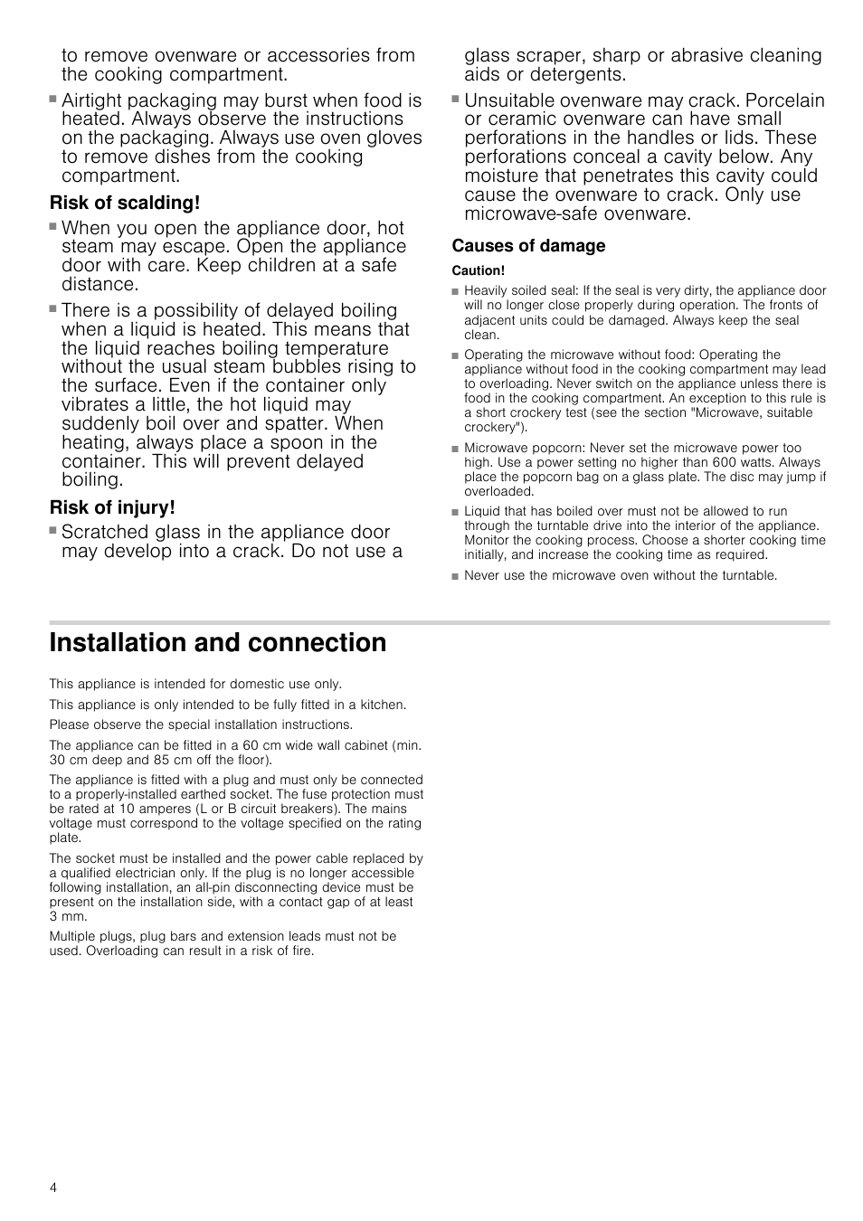 Risk of burns, Risk of scalding, Risk of injury | Causes of damage, Caution, Heavily soiled seal, Operating the microwave without food, Microwave popcorn, Installation and connection | Siemens HF15G564 User Manual | Page 4 / 36