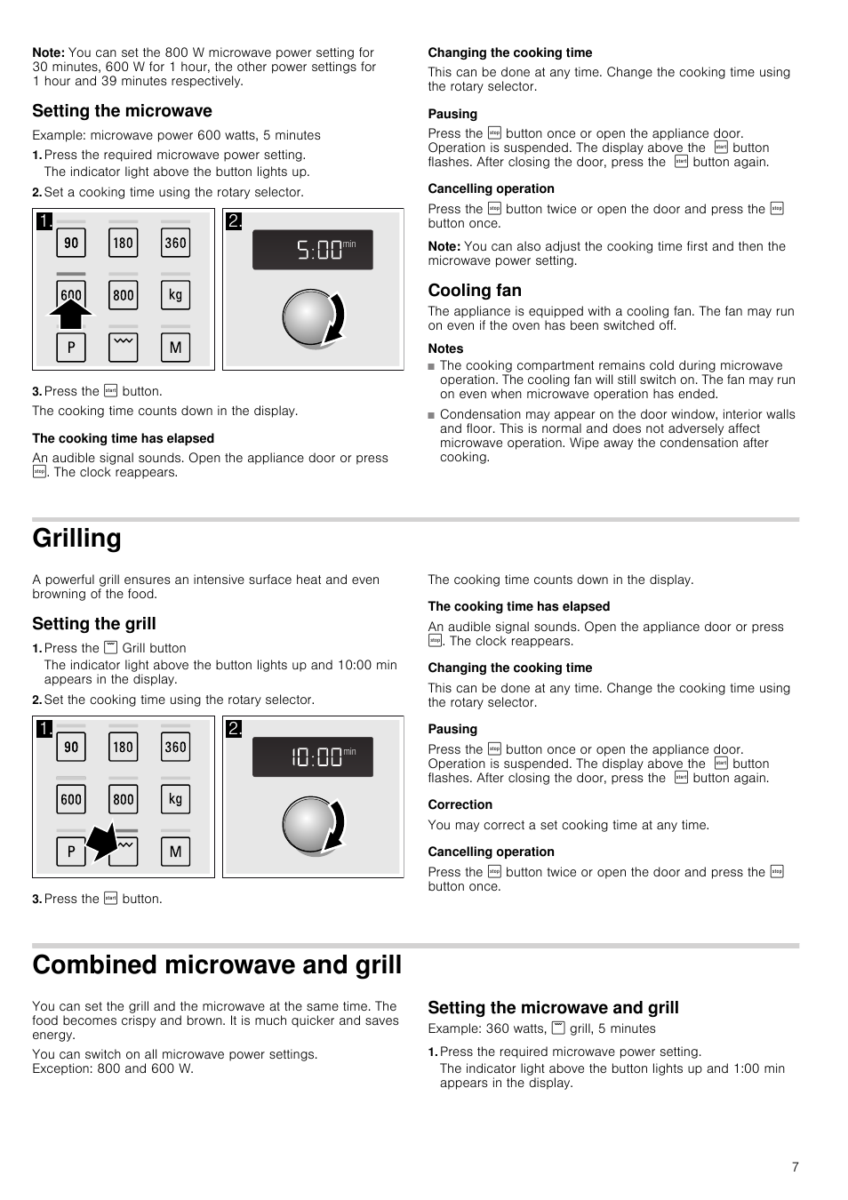 Note, Setting the microwave, Press the required microwave power setting | Set a cooking time using the rotary selector, Press the ¹ button, The cooking time has elapsed, Changing the cooking time, Pausing, Cancelling operation, Cooling fan | Siemens HF15G564 User Manual | Page 7 / 36