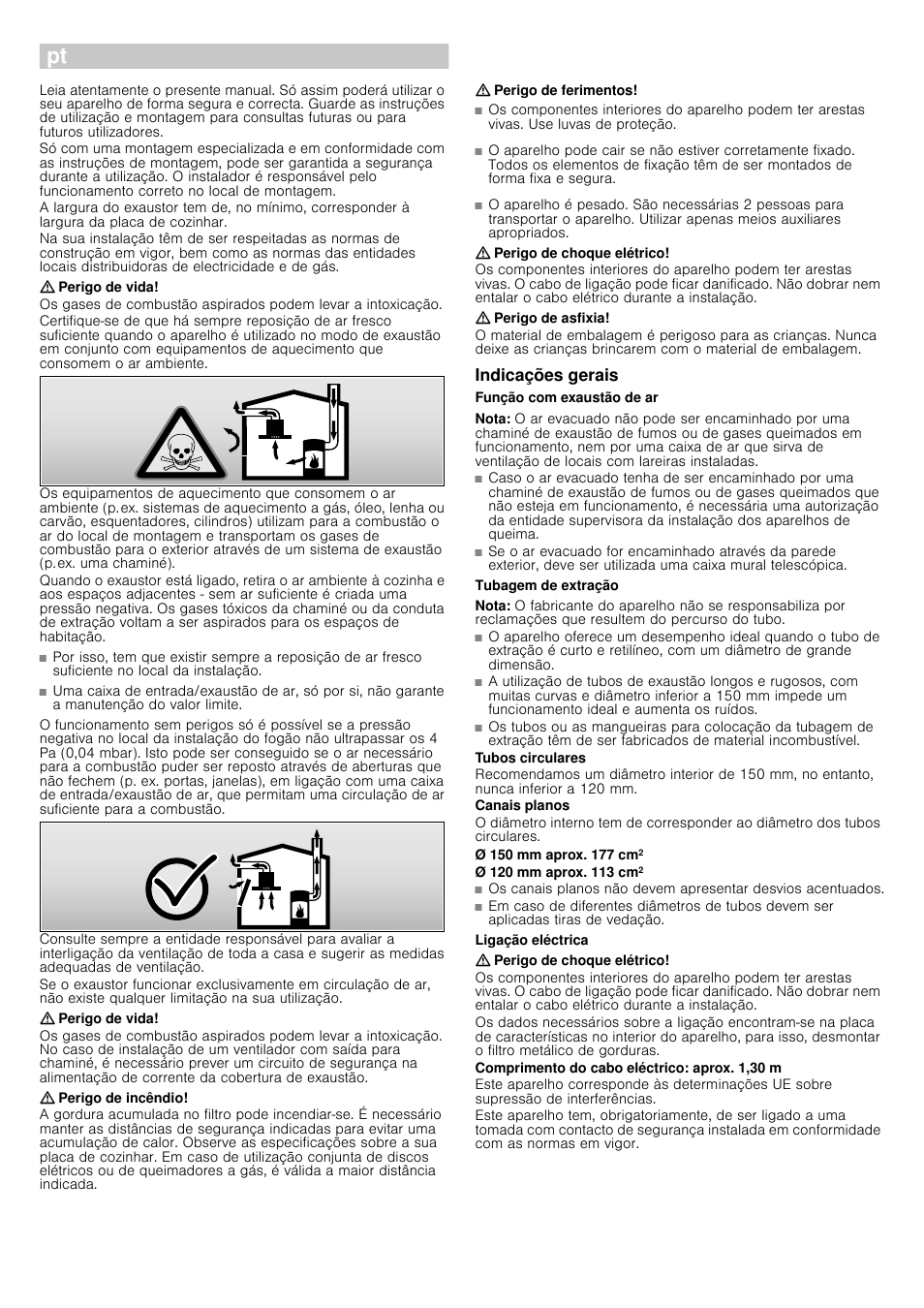 Instruções de segurança importantes, Perigo de vida, Perigo de incêndio | Perigo de ferimentos, Perigo de choque elétrico, Perigo de asfixia, Indicações gerais, Função com exaustão de ar, Nota, Tubagem de extração | Siemens LI18030 User Manual | Page 10 / 12