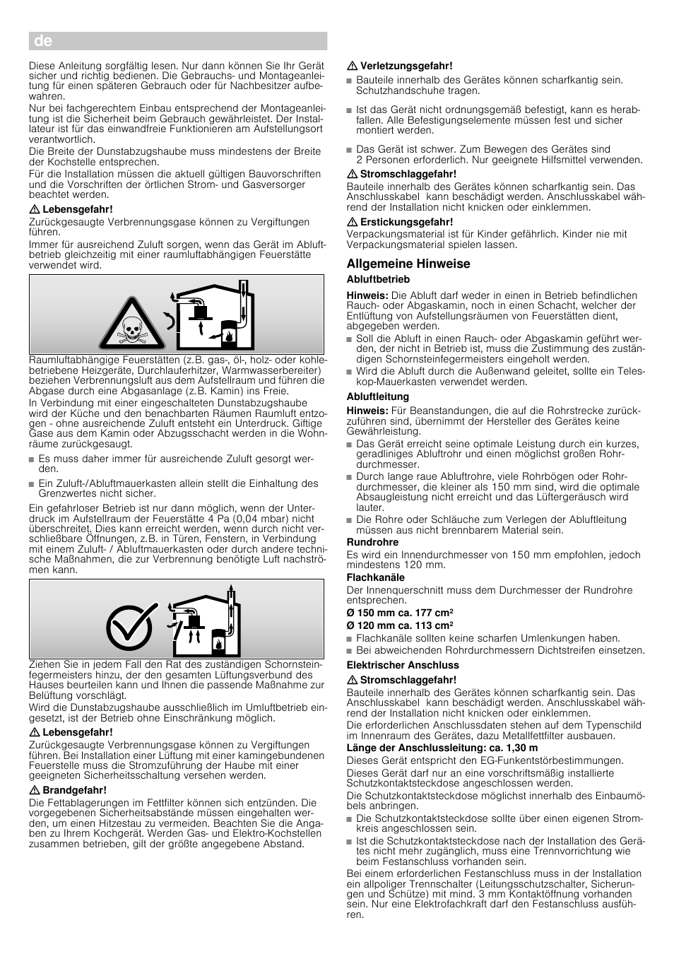 Wichtige sicherheitshinweise, Lebensgefahr, Brandgefahr | Verletzungsgefahr, Stromschlaggefahr, Erstickungsgefahr, Allgemeine hinweise, Abluftbetrieb, Hinweis, Abluftleitung | Siemens LI18030 User Manual | Page 4 / 12