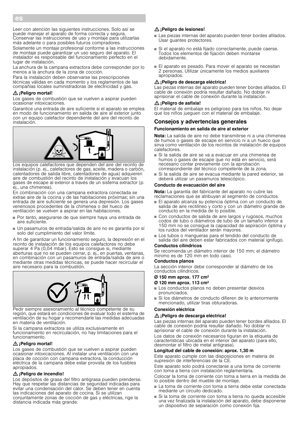 Indicaciones de seguridad importantes, Peligro mortal, Peligro de incendio | Peligro de lesiones, Peligro de descarga eléctrica, Peligro de asfixia, Consejos y advertencias generales, Funcionamiento en salida de aire al exterior, Nota, Conducto de evacuación del aire | Siemens LI18030 User Manual | Page 8 / 12