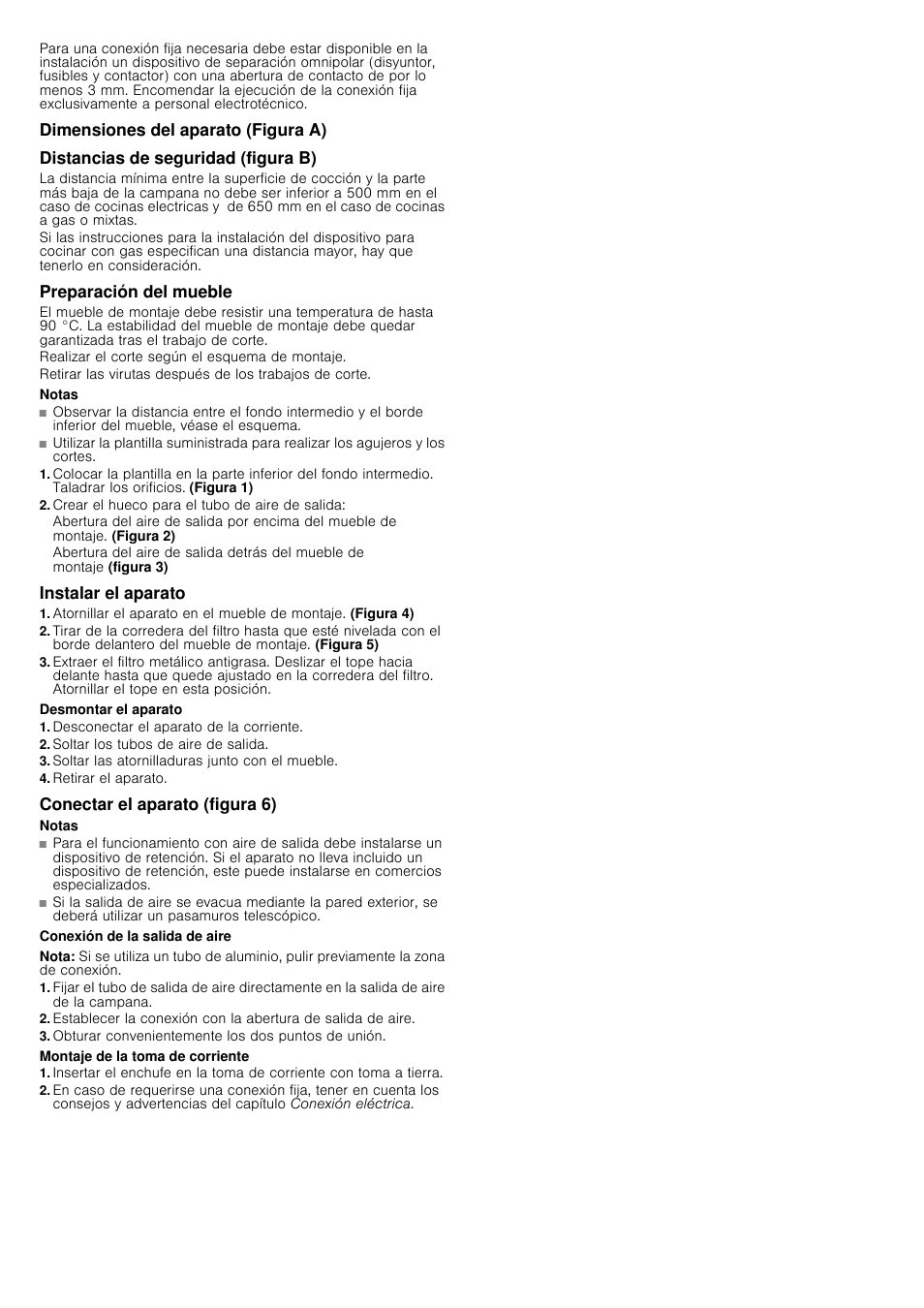 Dimensiones del aparato (figura a), Distancias de seguridad (figura b), Preparación del mueble | Notas, Crear el hueco para el tubo de aire de salida, Instalar el aparato, Desmontar el aparato, Desconectar el aparato de la corriente, Soltar los tubos de aire de salida, Soltar las atornilladuras junto con el mueble | Siemens LI18030 User Manual | Page 9 / 12