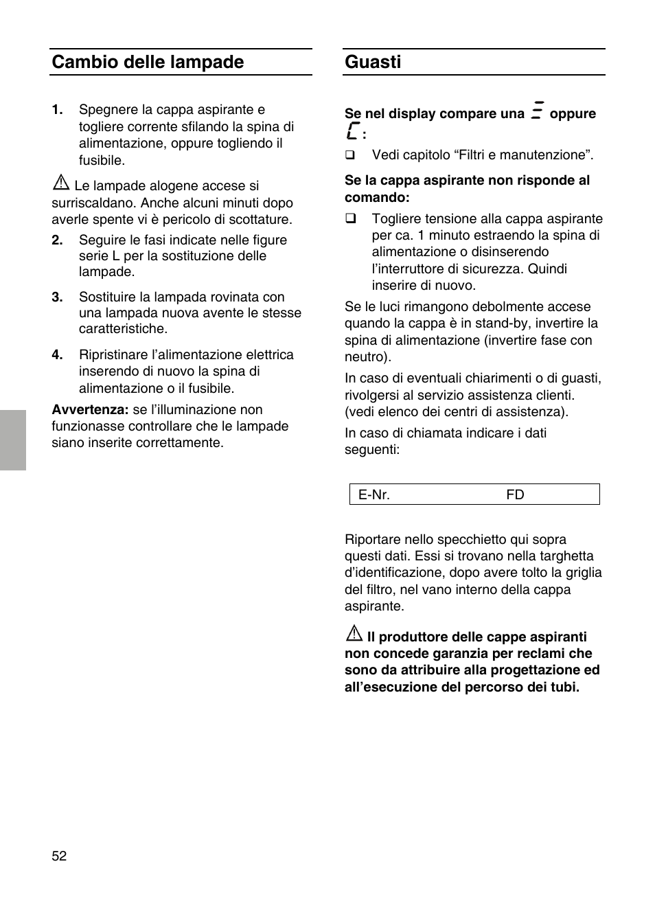 Cambio delle lampade, Guasti | Siemens LF259RB50 User Manual | Page 52 / 84