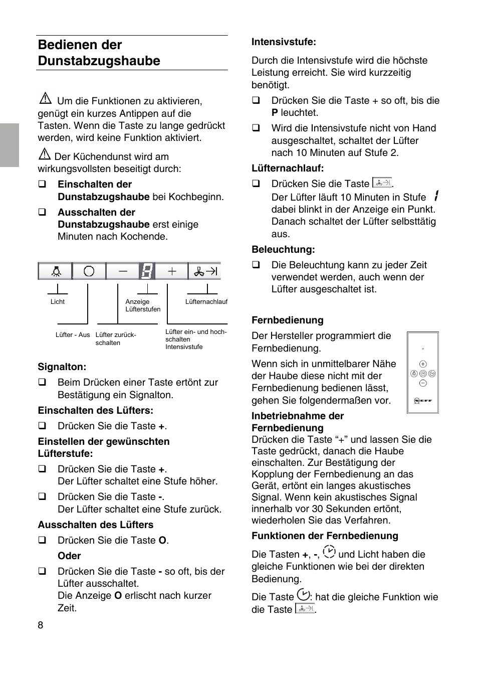 Bedienen der dunstabzugshaube | Siemens LF259RB50 User Manual | Page 8 / 84