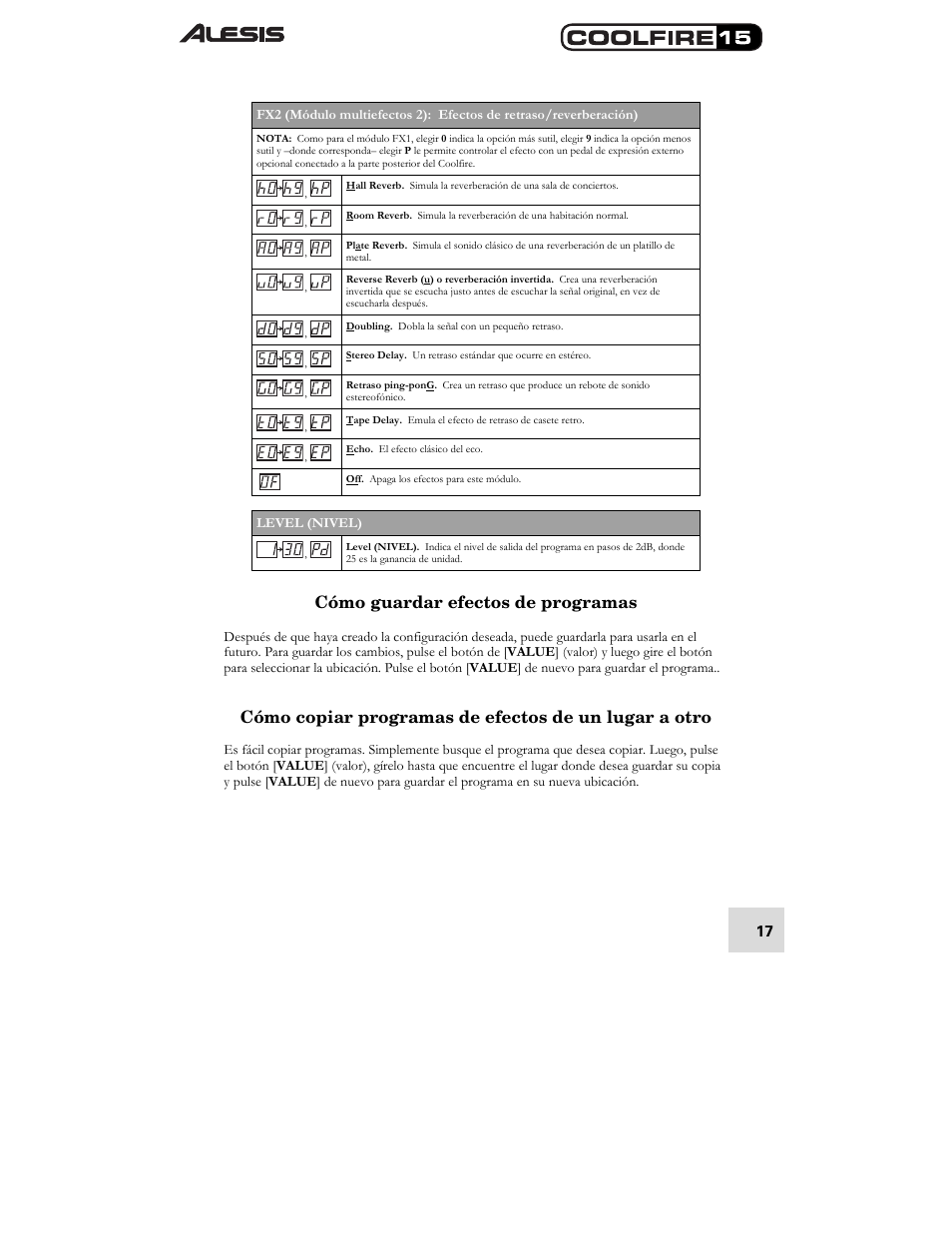 Cómo guardar efectos de programas | ALESIS COOLFIRE 15 User Manual | Page 19 / 51