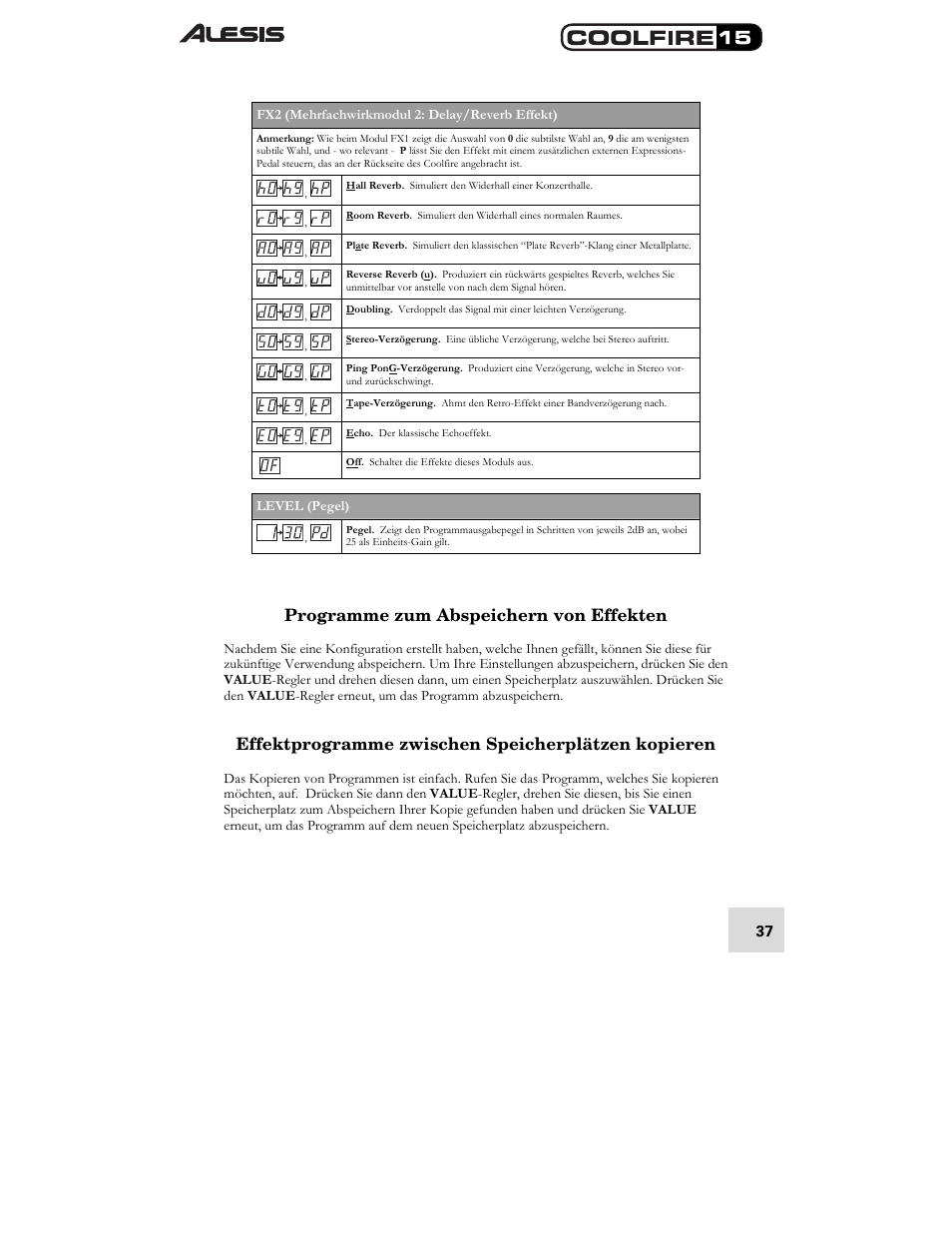 Programme zum abspeichern von effekten, Effektprogramme zwischen speicherplätzen kopieren | ALESIS COOLFIRE 15 User Manual | Page 39 / 51