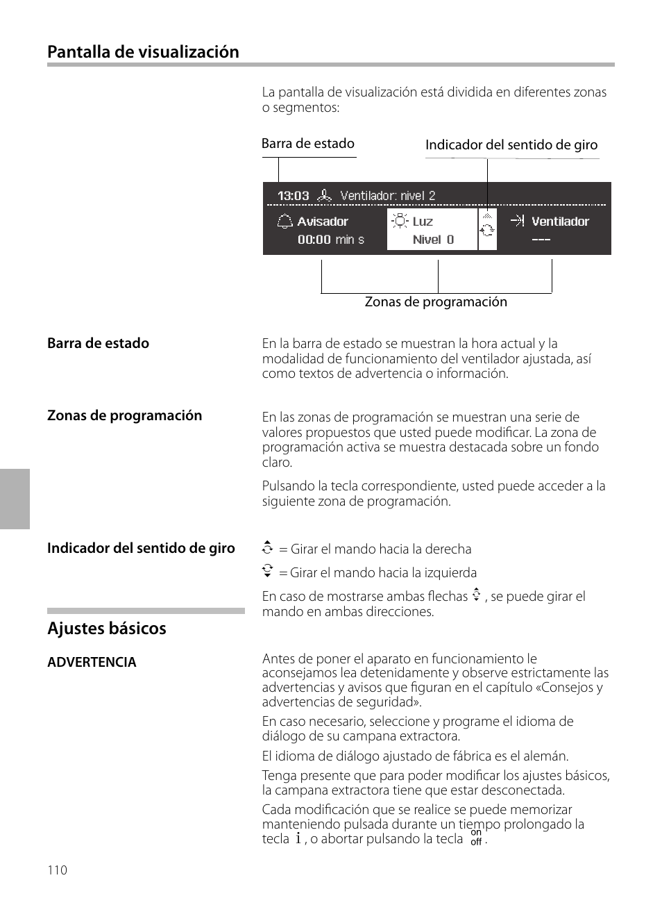 Ajustes básicos, Pantalla de visualización | Siemens LF959BL90 User Manual | Page 110 / 148