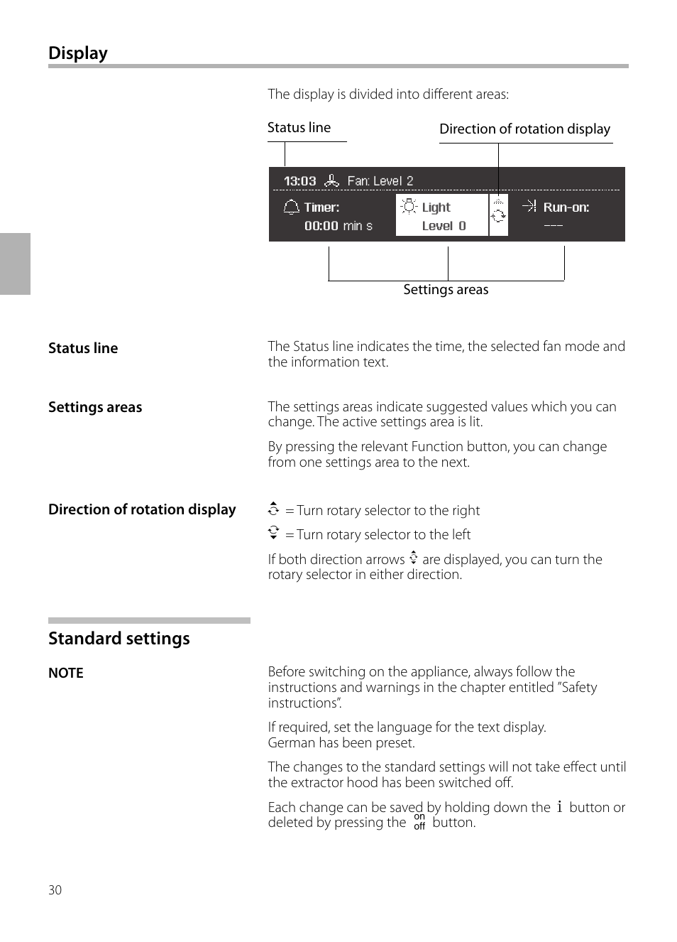 Standard settings, Display | Siemens LF959BL90 User Manual | Page 30 / 148