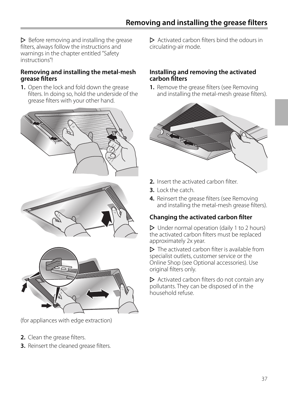 Removing and installing the grease filters | Siemens LF959BL90 User Manual | Page 37 / 148