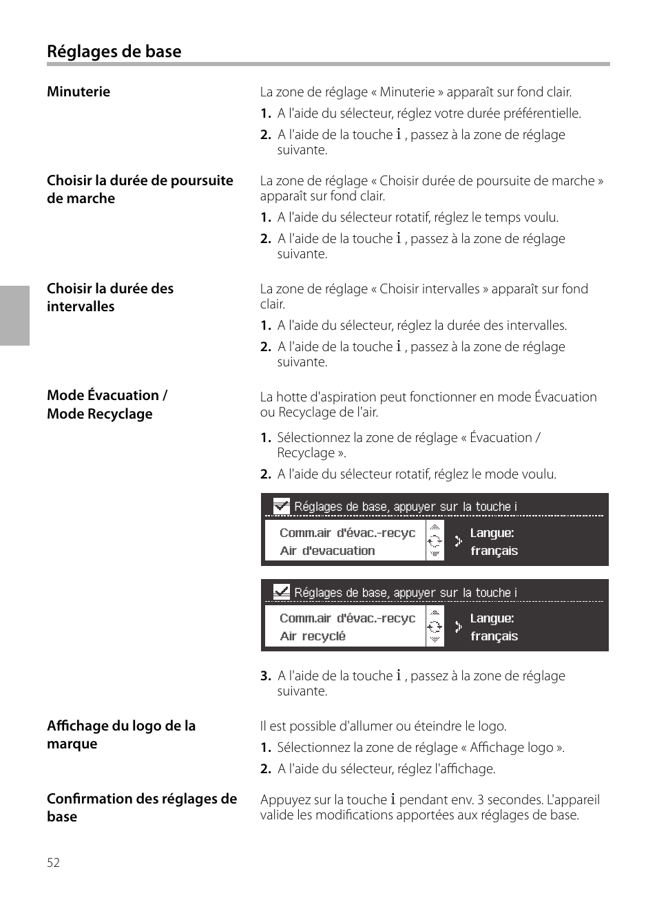 Réglages de base | Siemens LF959BL90 User Manual | Page 52 / 148