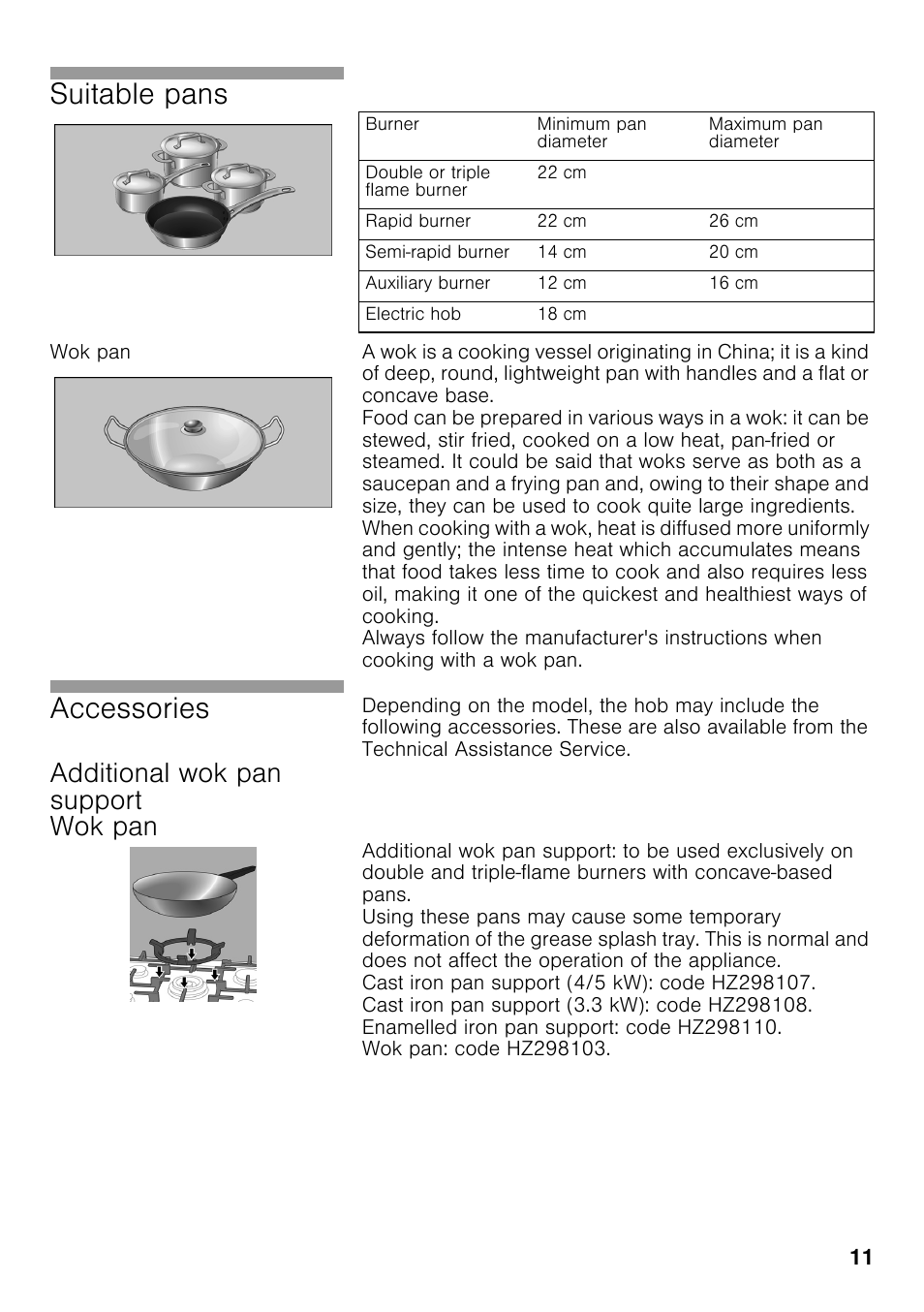 Wok pan, Additional wok pan support wok pan, Suitable pans | Accessories | Siemens EC645PB90E User Manual | Page 10 / 65