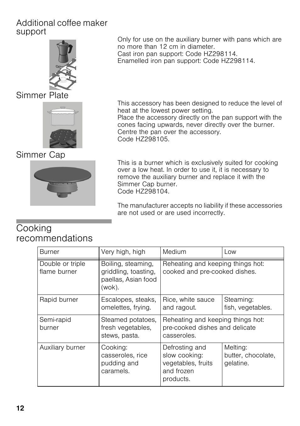 Additional coffee maker support, Simmer plate, Simmer cap | Cooking recommendations | Siemens EC645PB90E User Manual | Page 11 / 65