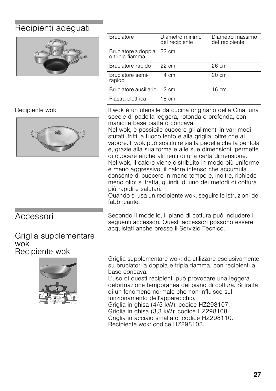 Recipiente wok, Griglia supplementare wok recipiente wok, Recipienti adeguati | Accessori | Siemens EC645PB90E User Manual | Page 26 / 65