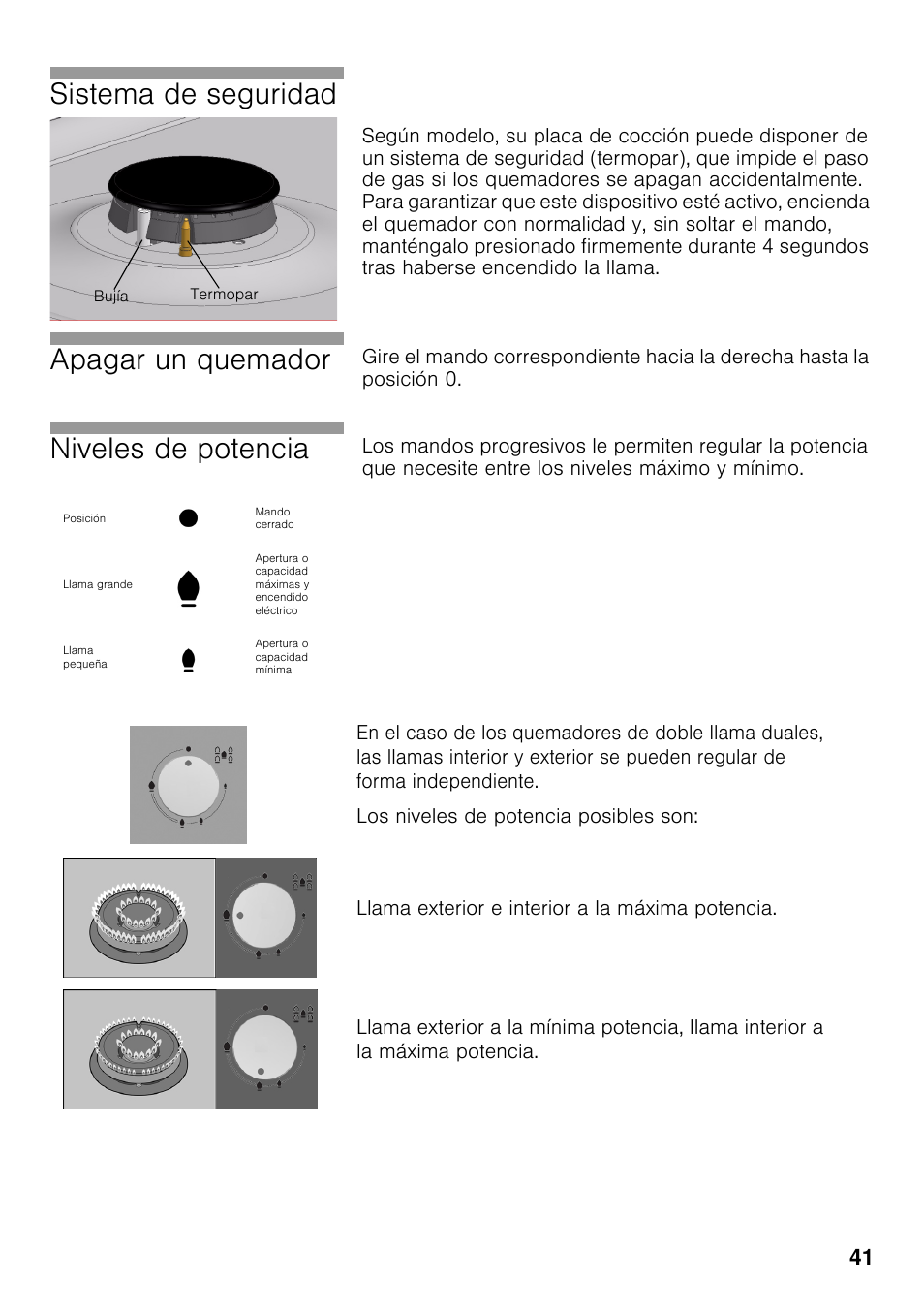 Sistema de seguridad, Apagar un quemador, Niveles de potencia | Siemens EC645PB90E User Manual | Page 40 / 65