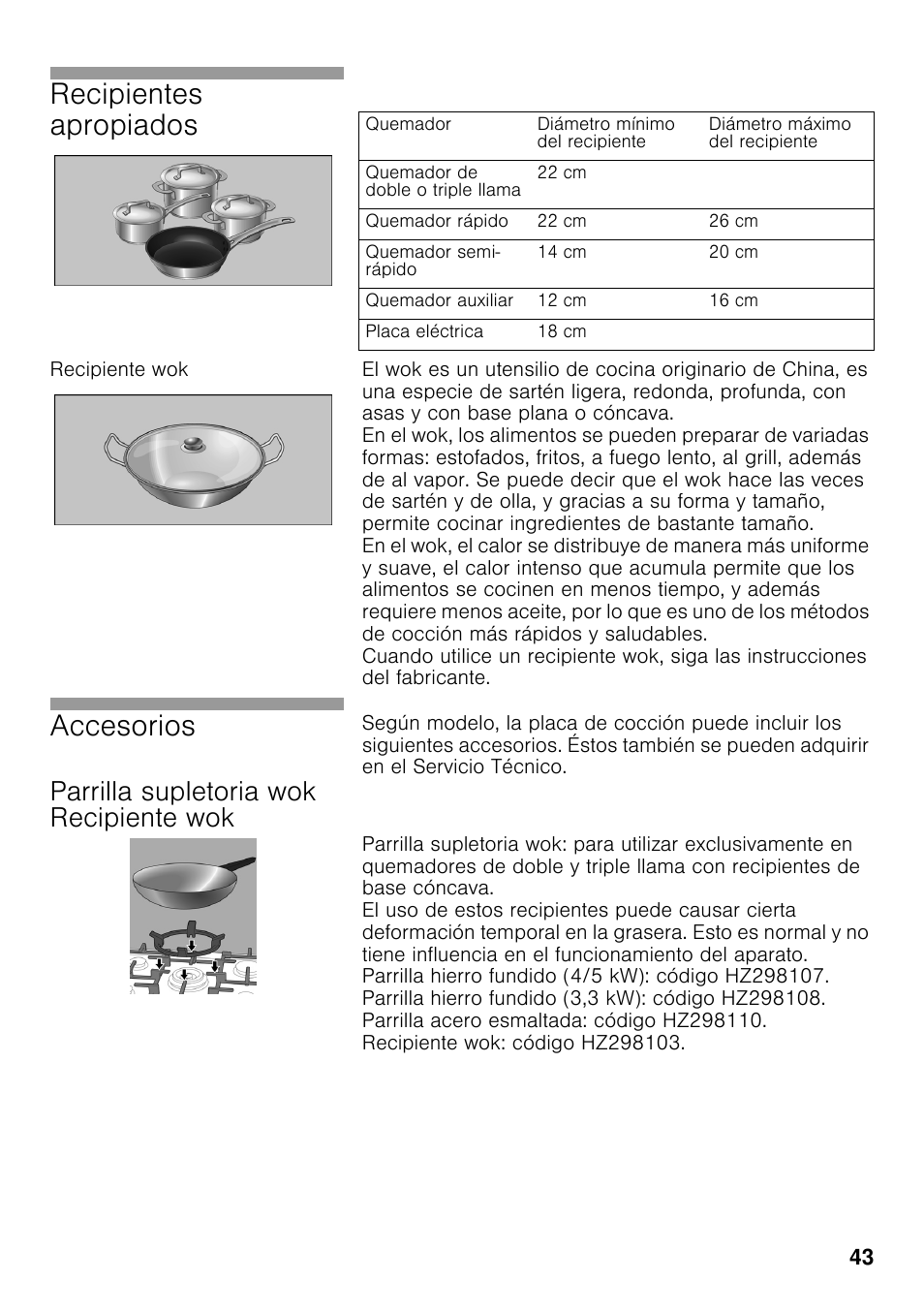 Recipiente wok, Parrilla supletoria wok recipiente wok, Recipientes apropiados | Accesorios | Siemens EC645PB90E User Manual | Page 42 / 65