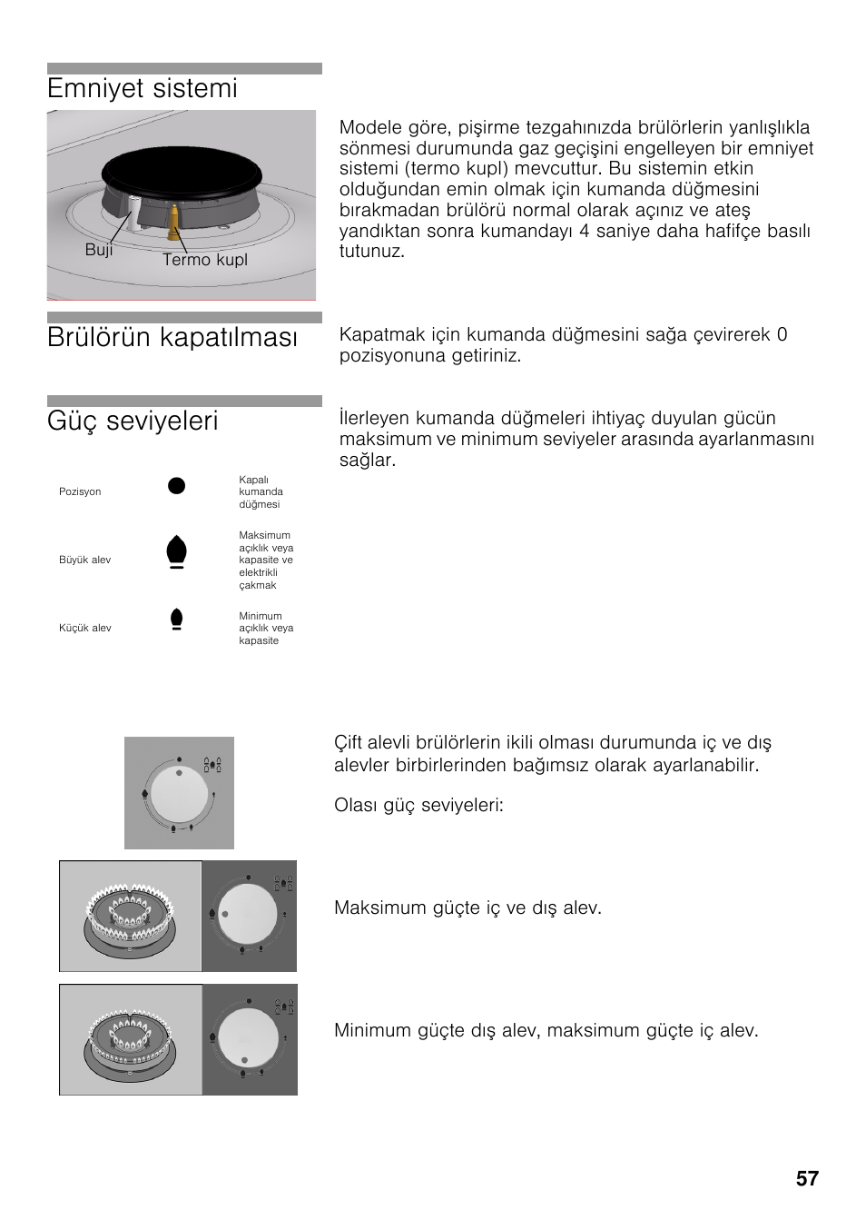 Emniyet sistemi, Brülörün kapatılması, Güç seviyeleri | Siemens EC645PB90E User Manual | Page 56 / 65