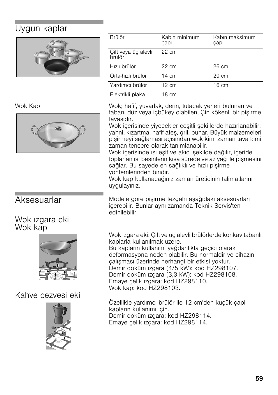 Wok kap, Wok ızgara eki wok kap, Kahve cezvesi eki | Uygun kaplar, Aksesuarlar | Siemens EC645PB90E User Manual | Page 58 / 65