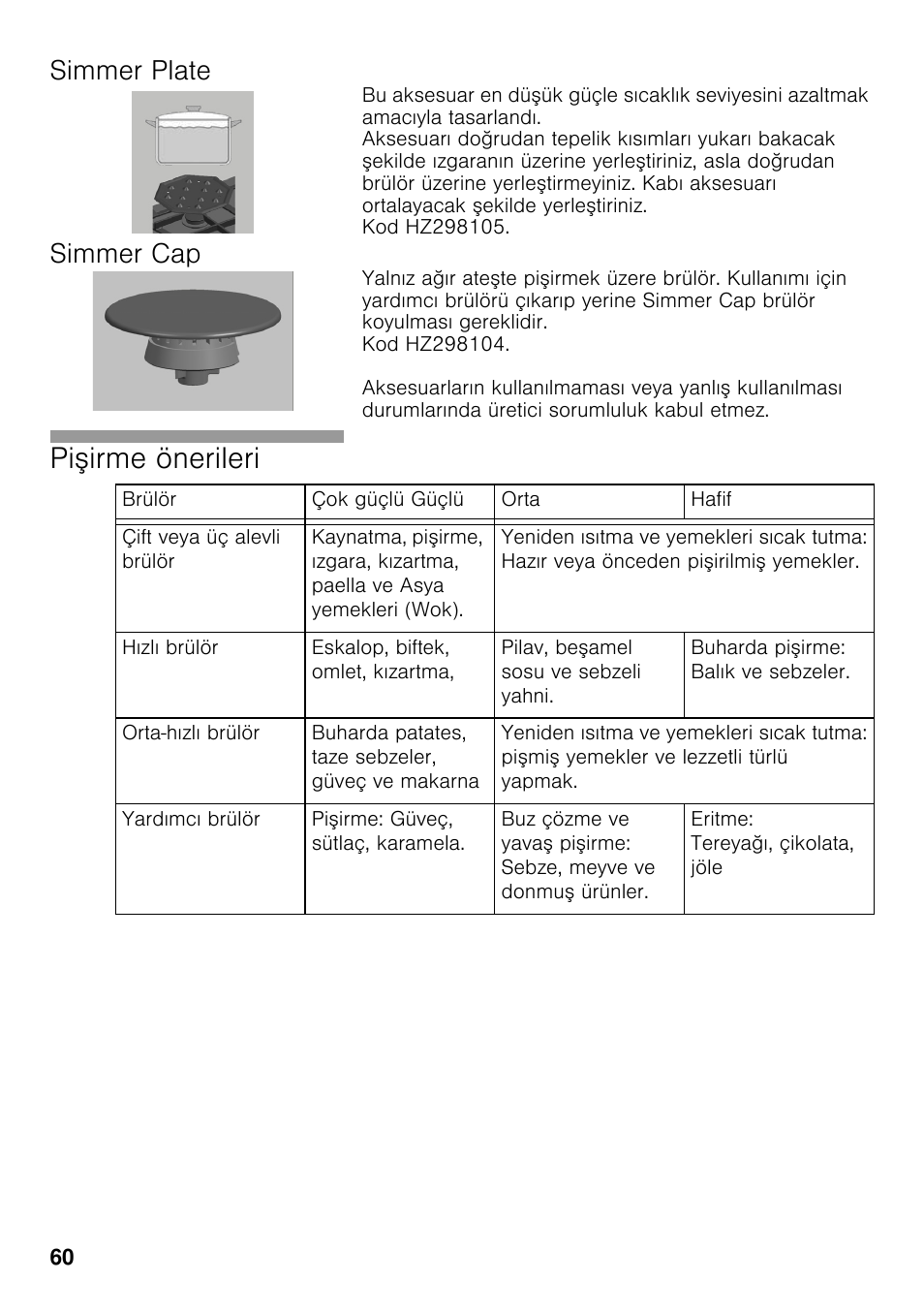 Simmer plate, Simmer cap, Pişirme önerileri | Siemens EC645PB90E User Manual | Page 59 / 65