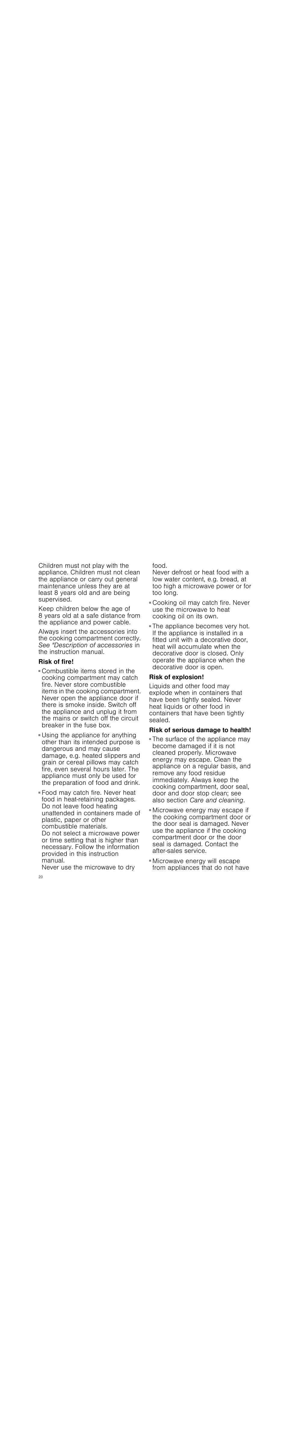 Risk of fire, Risk of explosion, Risk of serious damage to health | Siemens HF15G561 User Manual | Page 20 / 72