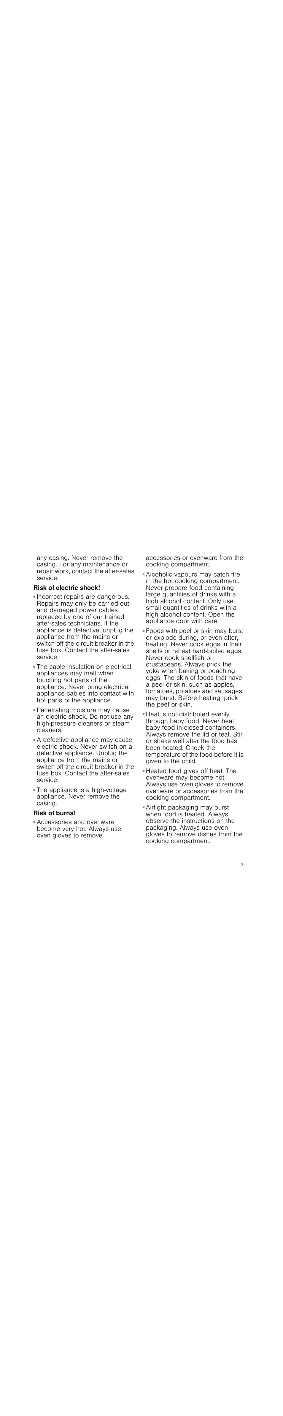 Risk of electric shock, Risk of burns | Siemens HF15G561 User Manual | Page 21 / 72