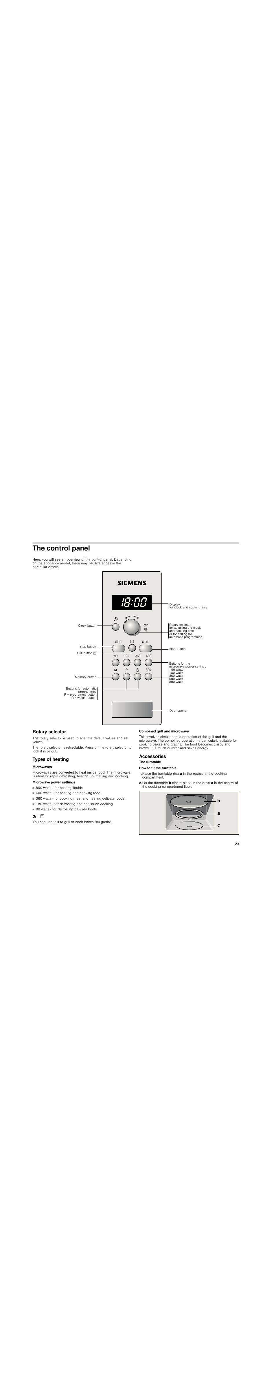 The control panel, Rotary selector, Types of heating | Microwaves, Microwave power settings, Grill, Combined grill and microwave, Accessories, How to fit the turntable, Ed f | Siemens HF15G561 User Manual | Page 23 / 72