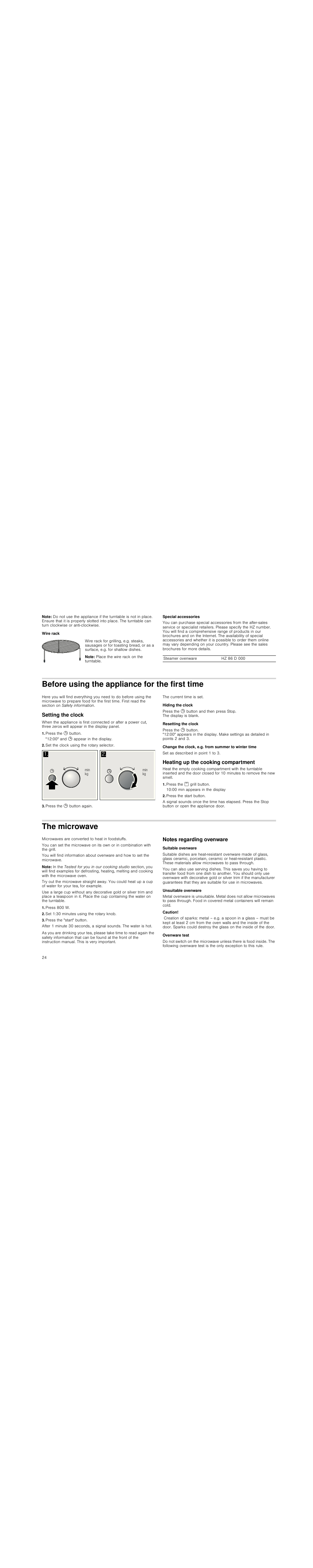 Note, Wire rack, Special accessories | Before using the appliance for the first time, Setting the clock, Press the 0 button, Set the clock using the rotary selector, Press the 0 button again, Hiding the clock, Resetting the clock | Siemens HF15G561 User Manual | Page 24 / 72