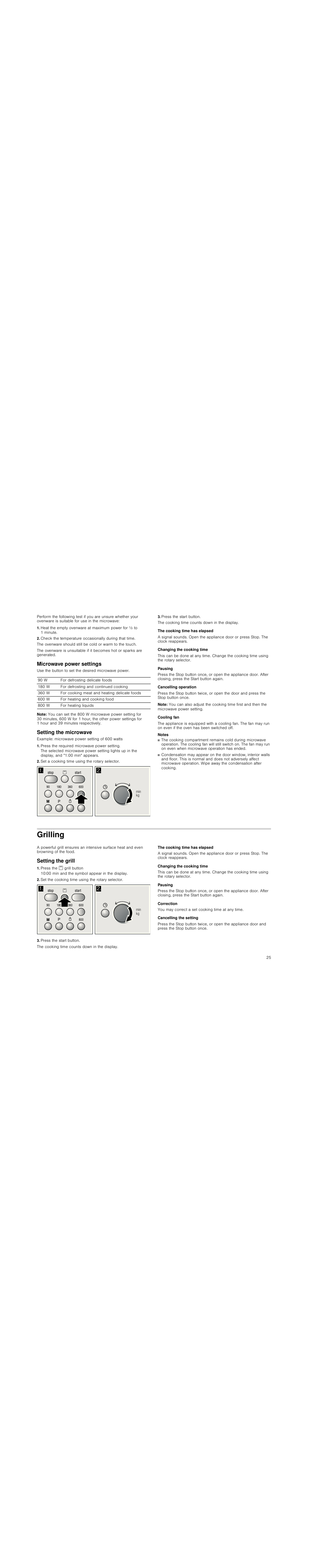 Microwave power settings, Note, Setting the microwave | Press the required microwave power setting, Set a cooking time using the rotary selector, Press the start button, The cooking time has elapsed, Changing the cooking time, Pausing, Cancelling operation | Siemens HF15G561 User Manual | Page 25 / 72