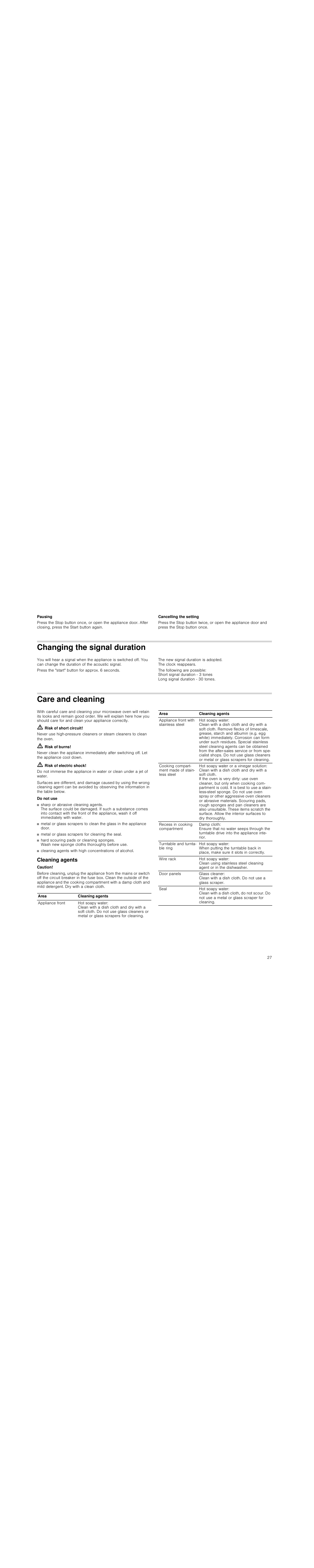 Pausing, Cancelling the setting, Changing the signal duration | Care and cleaning, M risk of short circuit, M risk of burns, M risk of electric shock, Do not use, Cleaning agents, Caution | Siemens HF15G561 User Manual | Page 27 / 72