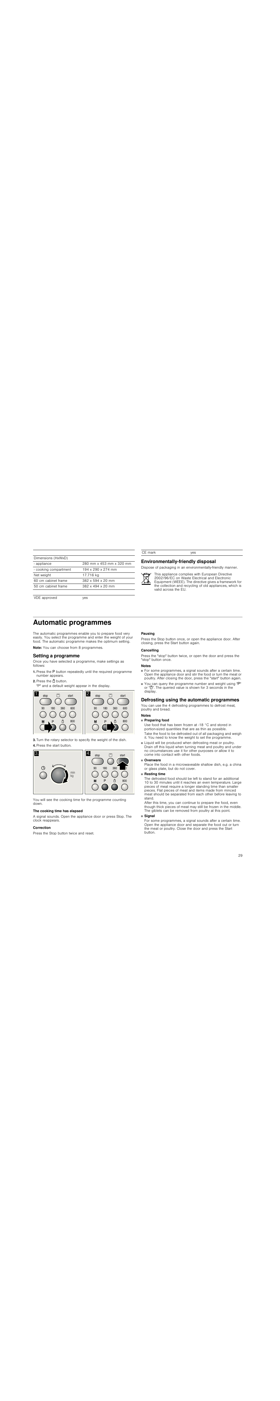 Environmentally-friendly disposal, Automatic programmes, Note | Setting a programme, Press the 1 button, P" and a default weight appear in the display, Press the start button, The cooking time has elapsed, Correction, Pausing | Siemens HF15G561 User Manual | Page 29 / 72