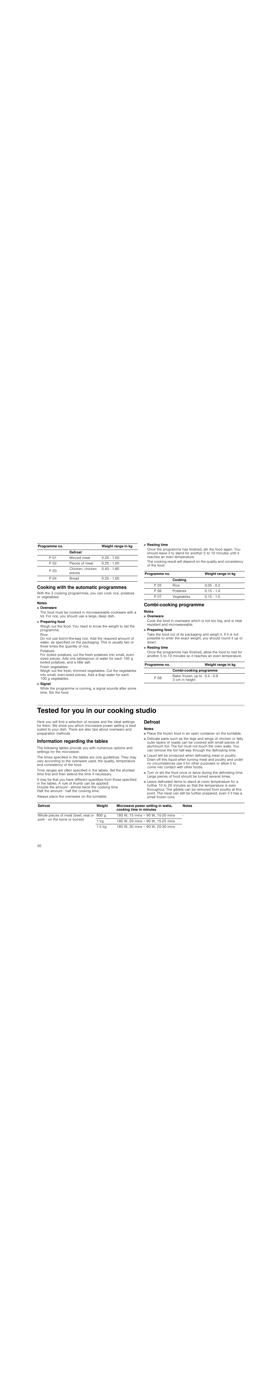 Cooking with the automatic programmes, Notes, Combi­cooking programme | Tested for you in our cooking studio, Information regarding the tables, Defrost, Combi ­cooking programme | Siemens HF15G561 User Manual | Page 30 / 72