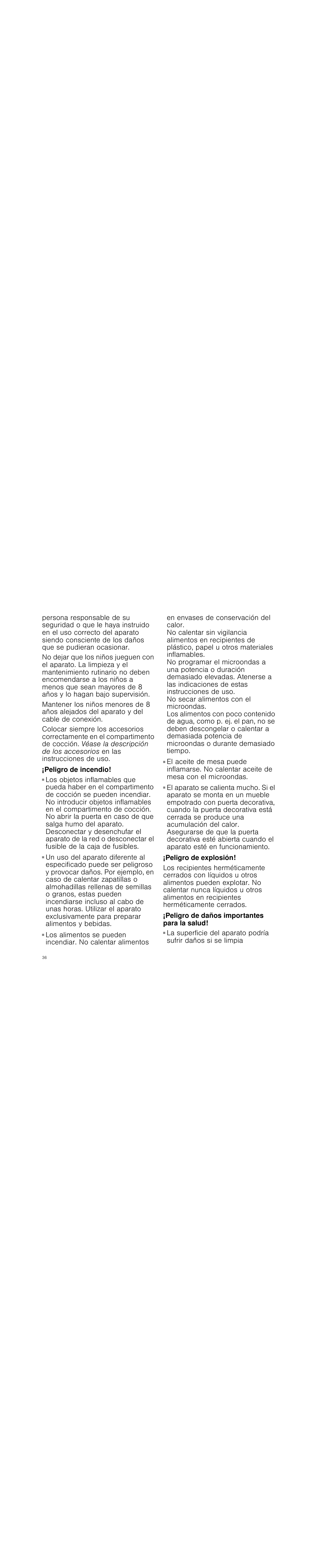 Peligro de incendio, Peligro de explosión, Peligro de daños importantes para la salud | Siemens HF15G561 User Manual | Page 36 / 72