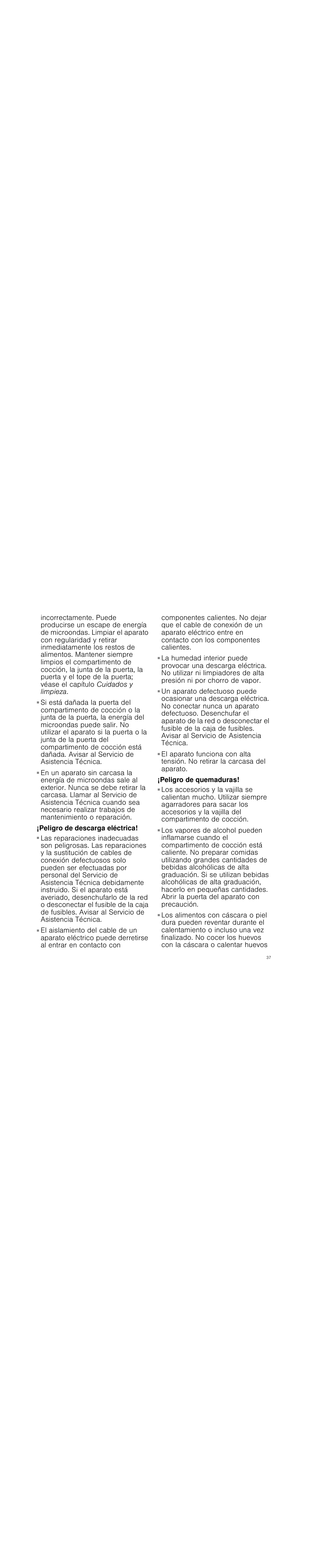 Peligro de daños importantes para la salud, Peligro de descarga eléctrica, Peligro de quemaduras | Siemens HF15G561 User Manual | Page 37 / 72
