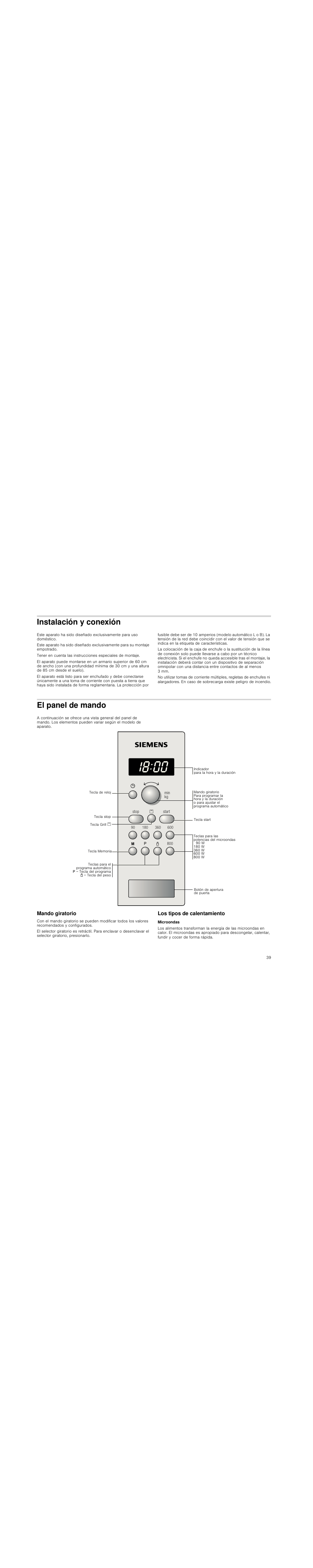 Instalación y conexión, El panel de mando, Mando giratorio | Los tipos de calentamiento, Microondas | Siemens HF15G561 User Manual | Page 39 / 72