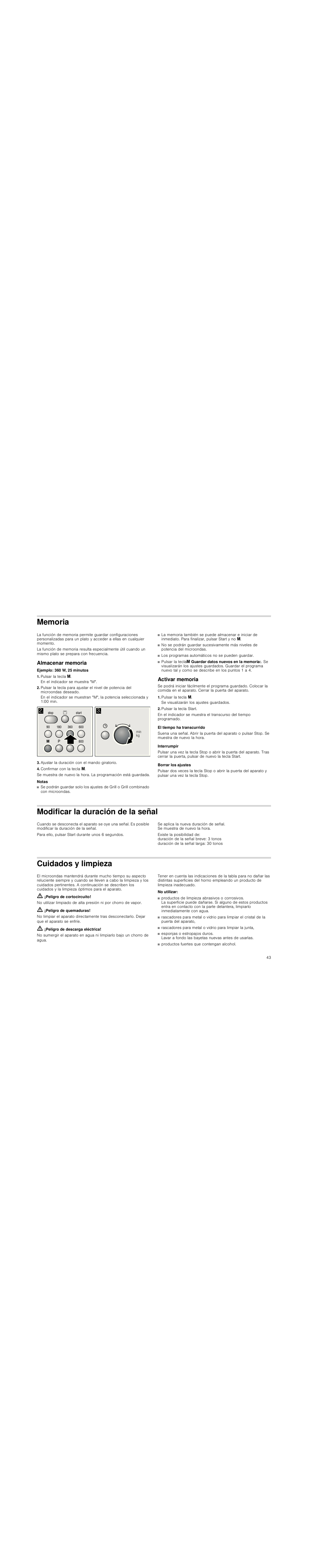 Memoria, Almacenar memoria, Ejemplo: 360 w, 25 minutos | Pulsar la tecla i, Ajustar la duración con el mando giratorio, Confirmar con la tecla i, Notas, Activar memoria, Pulsar la tecla start, El tiempo ha transcurrido | Siemens HF15G561 User Manual | Page 43 / 72