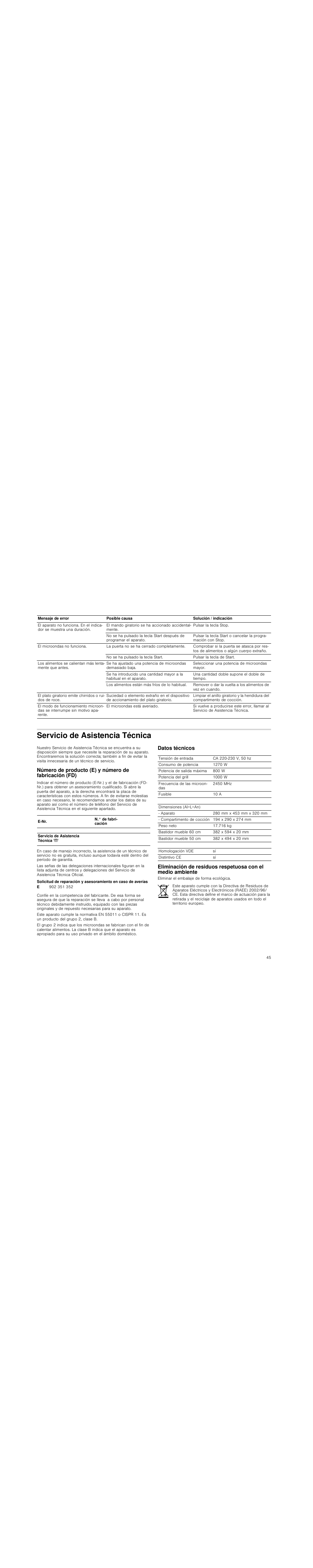 Servicio de asistencia técnica, Datos técnicos, E. 45 | Siemens HF15G561 User Manual | Page 45 / 72